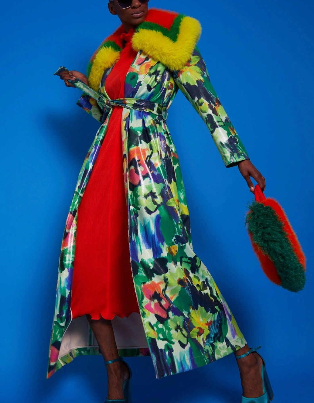 Multi Coloured Floral Trench Coat with Oversized Faux Fur Collar