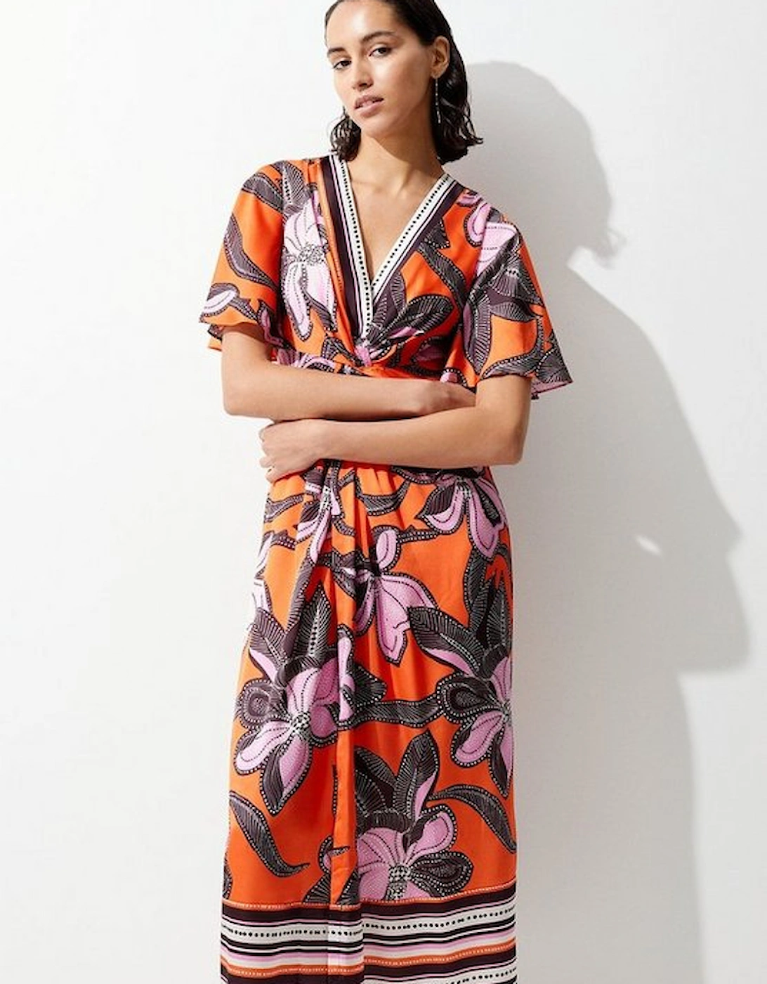 Batik Floral Placed Hammered Satin Twist Midi Dress, 5 of 4
