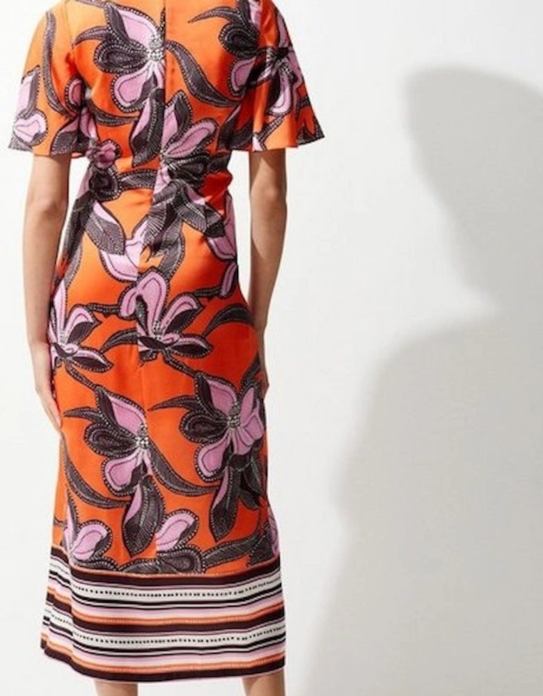 Batik Floral Placed Hammered Satin Twist Midi Dress