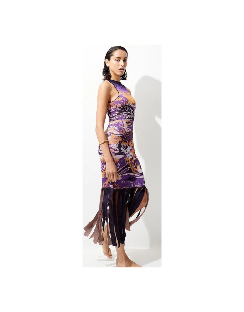 Sleeveless Slinky Jacquard Cut Out Back Knitted Midi Dress