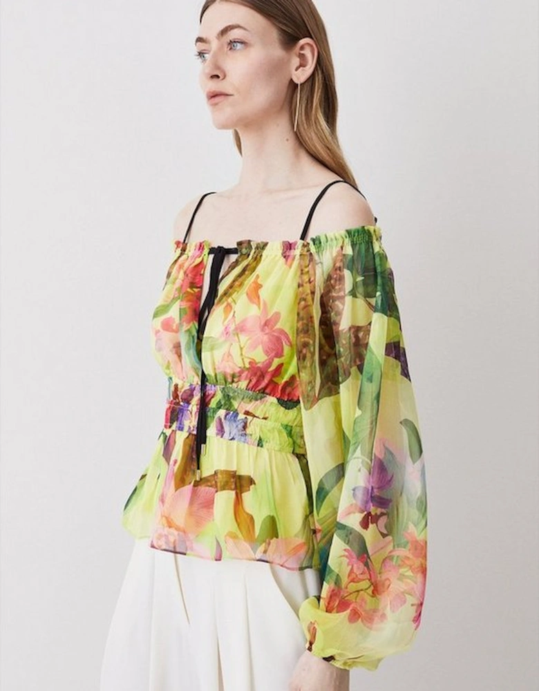 Tropical Orchid Woven Bardot Top