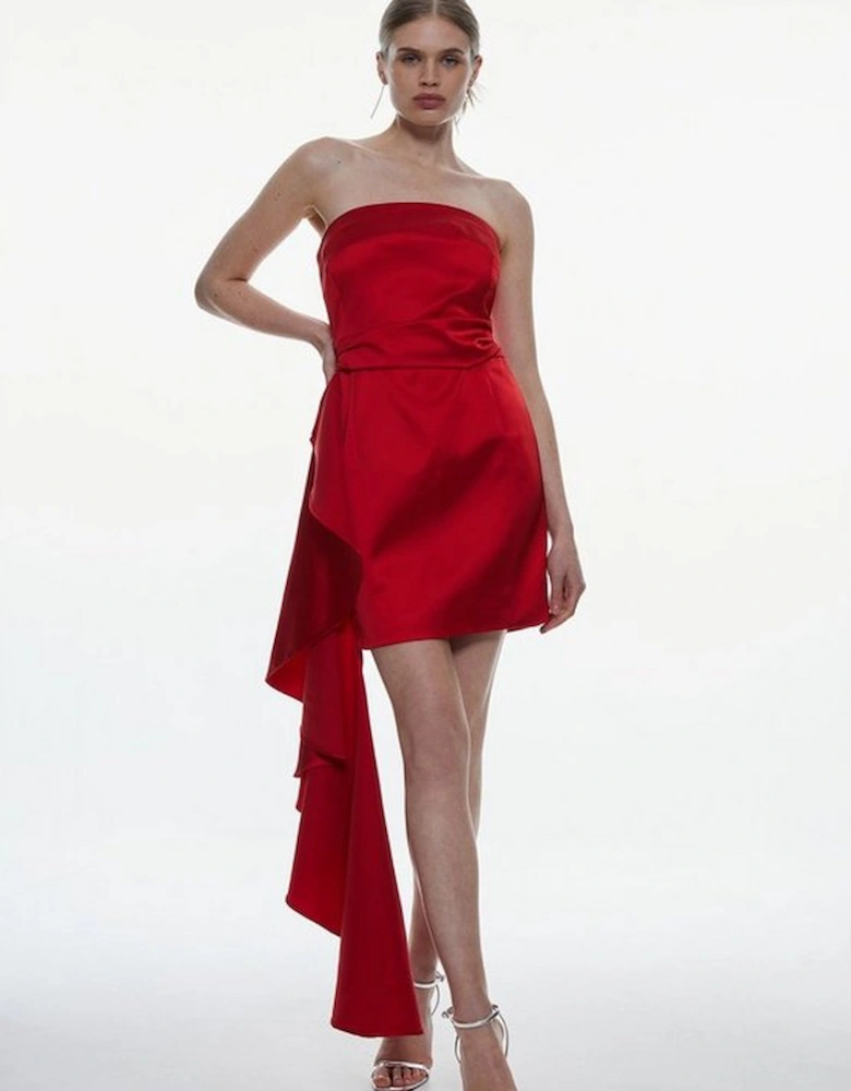 Italian Structured Satin Ruffle Drape Bandeau Mini Dress