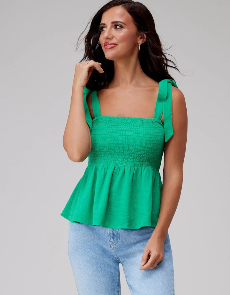 x V by Very Shirred Tie Shoulder Linen Cami - Green