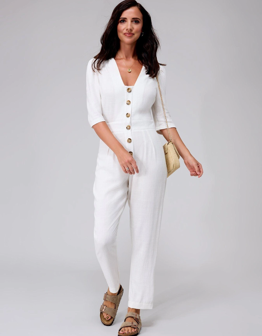 x V by Very Button Through Utility Jumpsuit - Off White, 5 of 4
