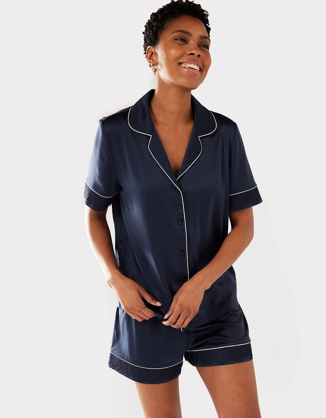 Lace Trim Short Sleeve and Short Pyjama Set - Navy, 2 of 1