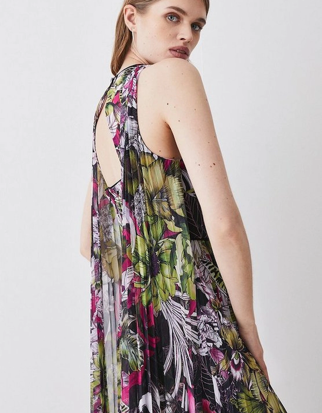 Corset Detail Floral Pleated Halter Woven Maxi Dress