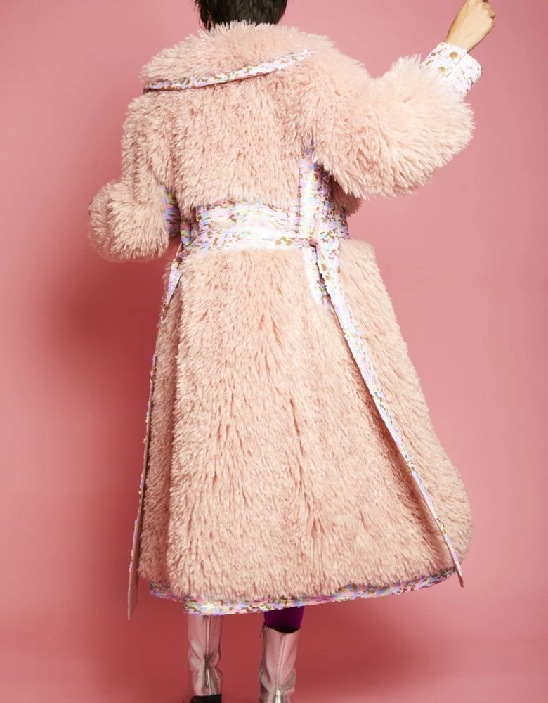 Pink Knitted Bamboo and Eco Leather Shearling Coat