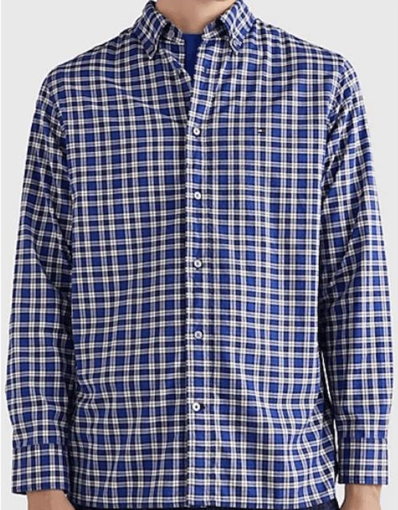Embroidered Logo Button Up Check Blue Shirt