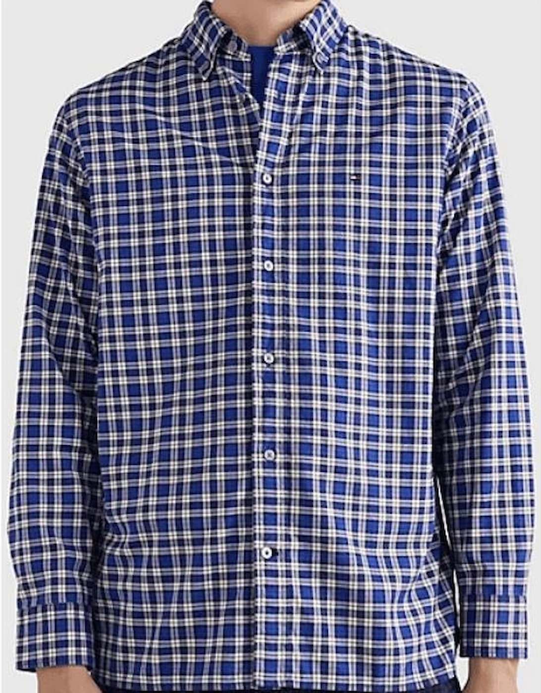 Embroidered Logo Button Up Check Blue Shirt