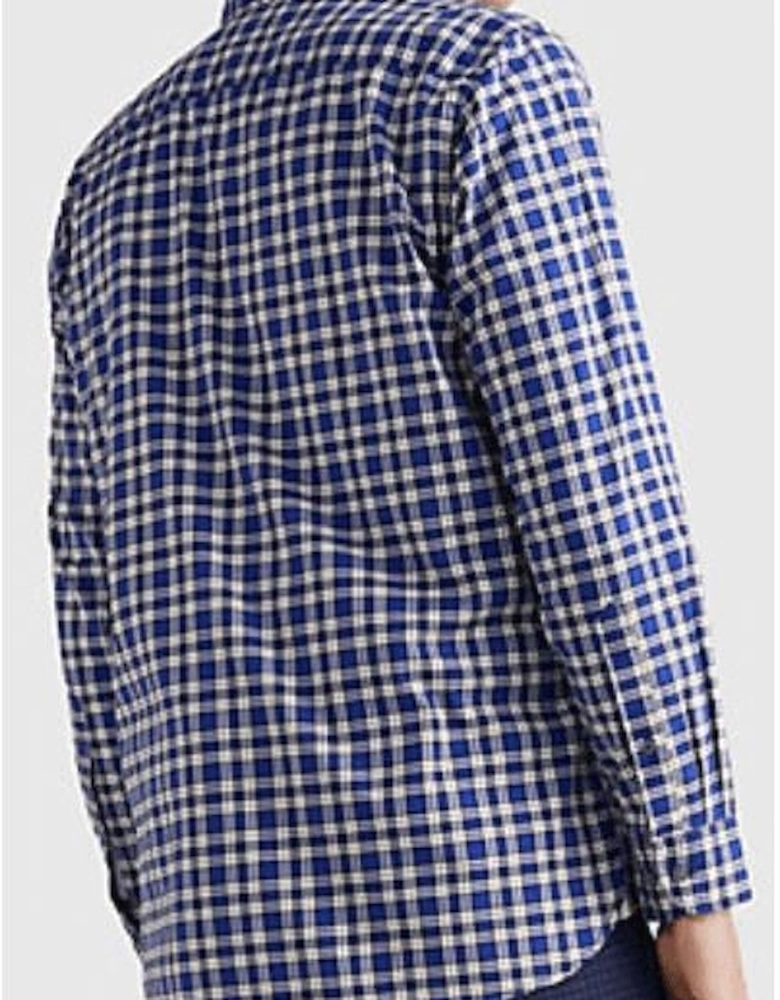 Embroidered Logo Button Up Check Blue Shirt