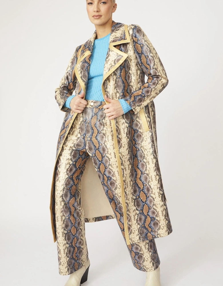 Faux Leather Snake Print Trench Coat