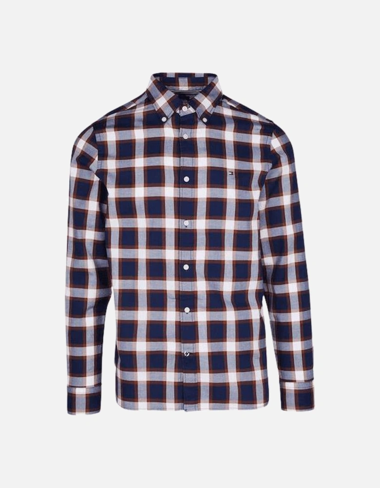 Embroidered Logo Button Up Check Brown/Blue Shirt