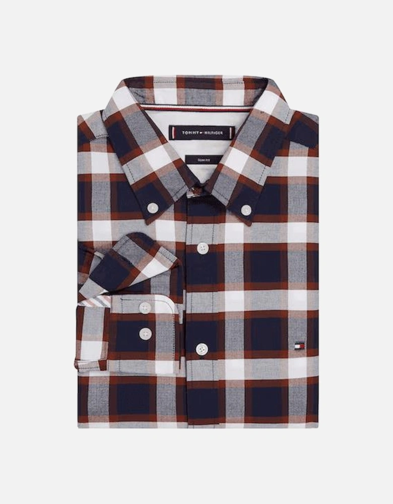 Embroidered Logo Button Up Check Brown/Blue Shirt