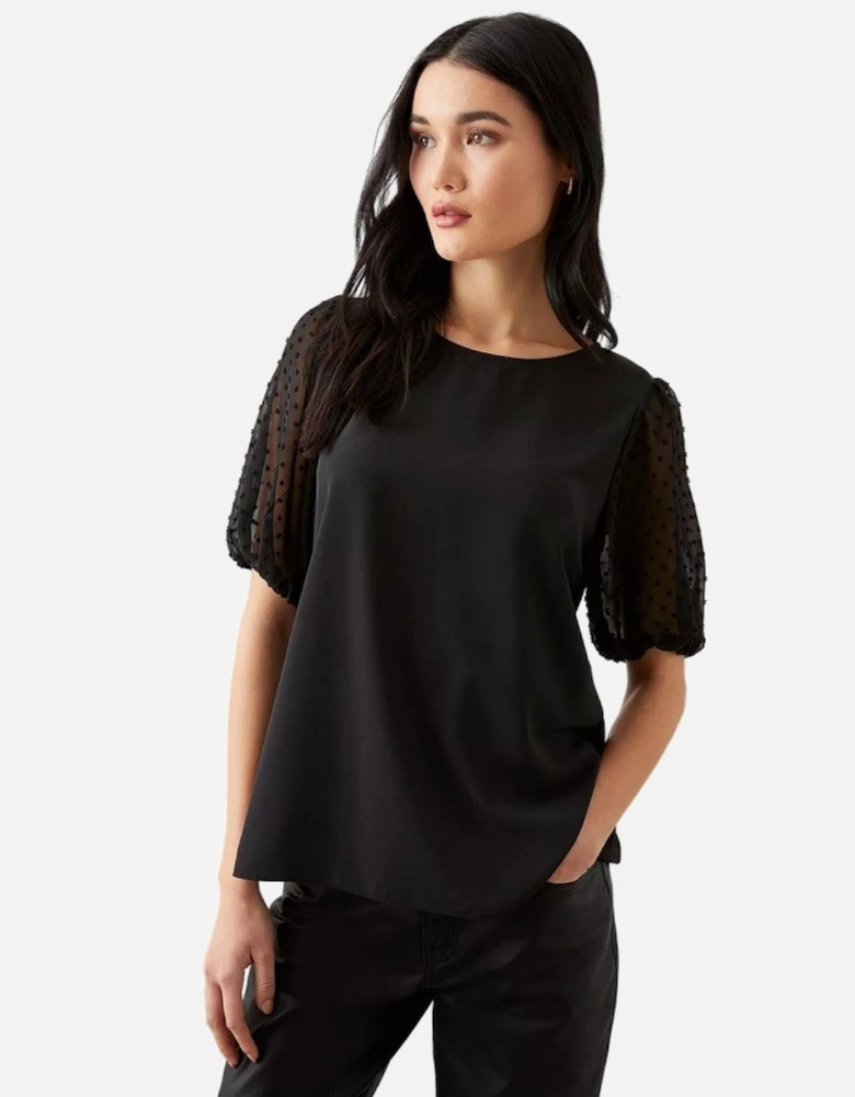 Womens/Ladies Dobby Spotted Chiffon Contrast Sleeves Blouse