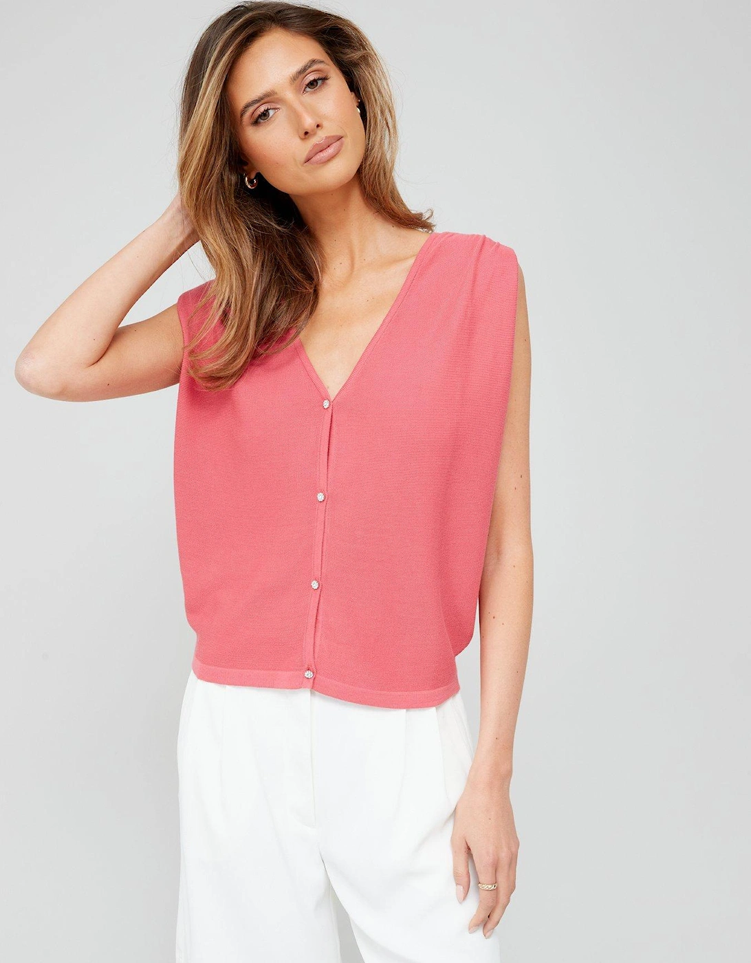 Short Sleeve Knitted Button Back Top - Pink, 3 of 2