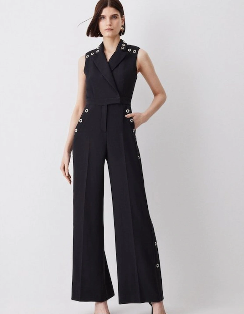 Compact Stretch Mesh Cut Out Eyelet Detail Wide Leg Jumpsuit