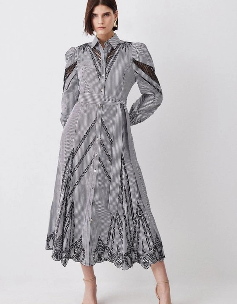 Striped Cotton Cutwork Midi Shirt Dress
