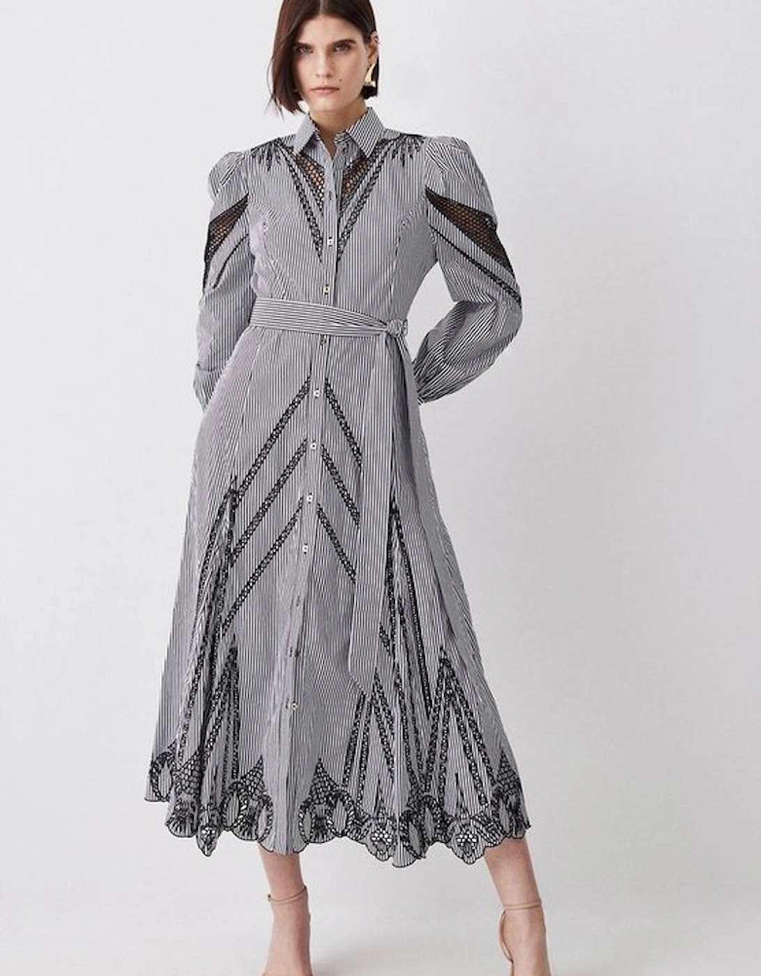 Striped Cotton Cutwork Midi Shirt Dress, 5 of 4
