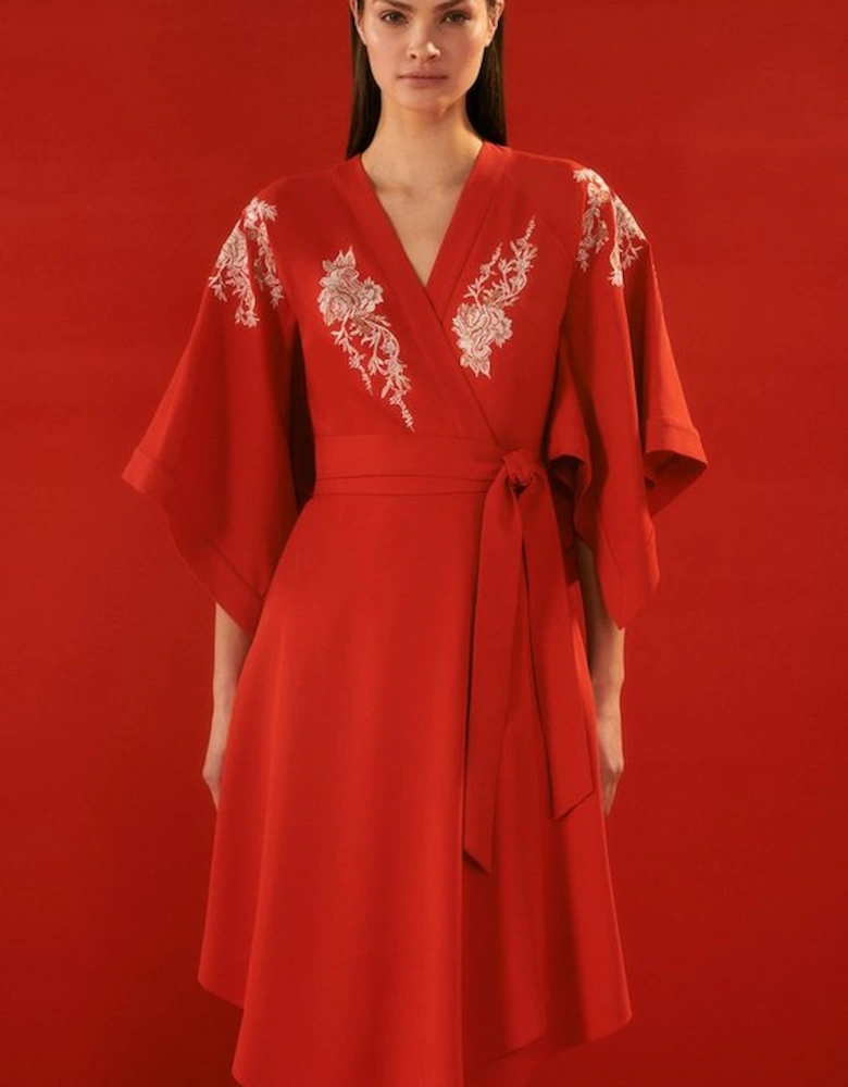 The Founder Kimono Style Embroidered Midi Dress