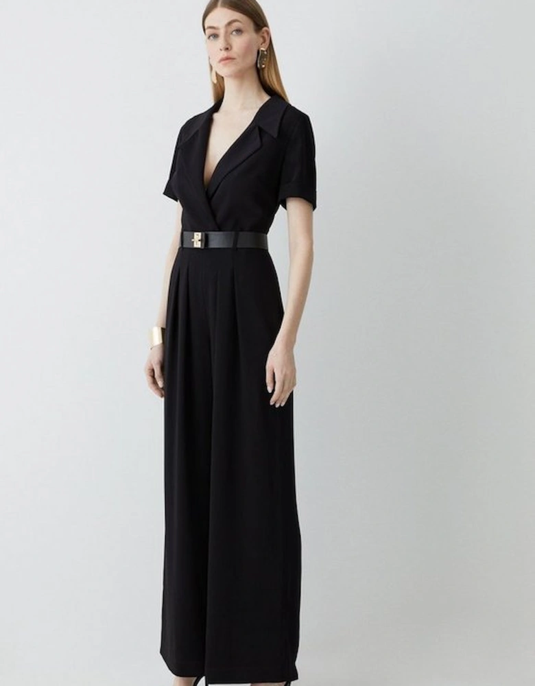 Soft Tailored Belted Pleat Wide Leg Jumpsuit