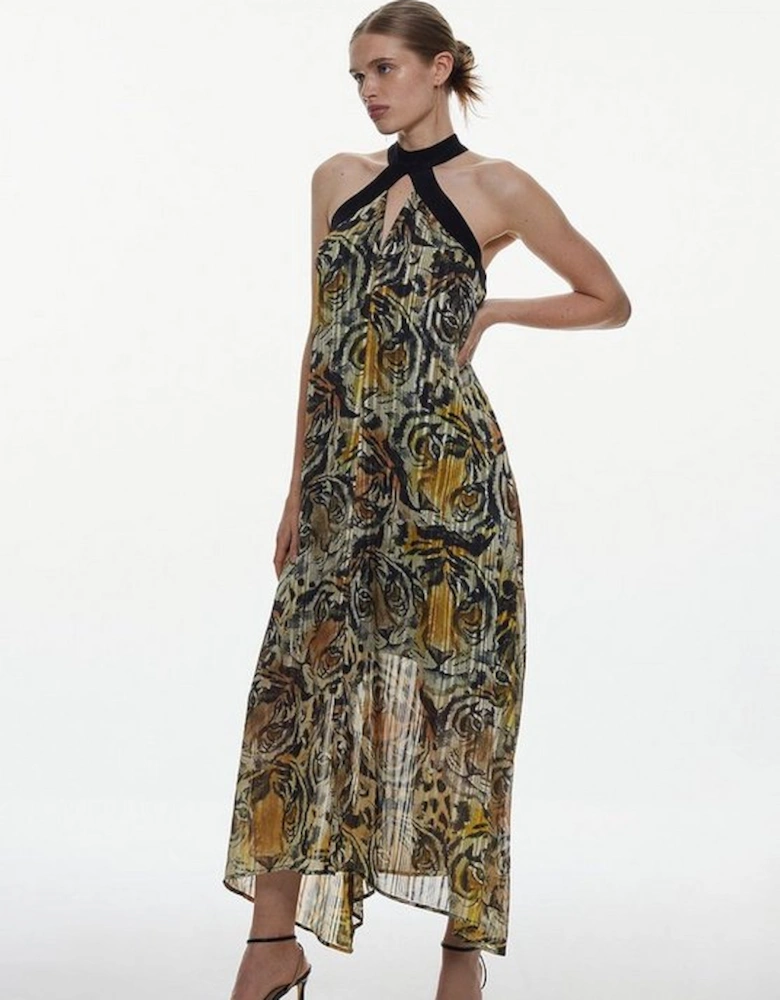 Tiger Printed Halter Neck Woven Midi Dress