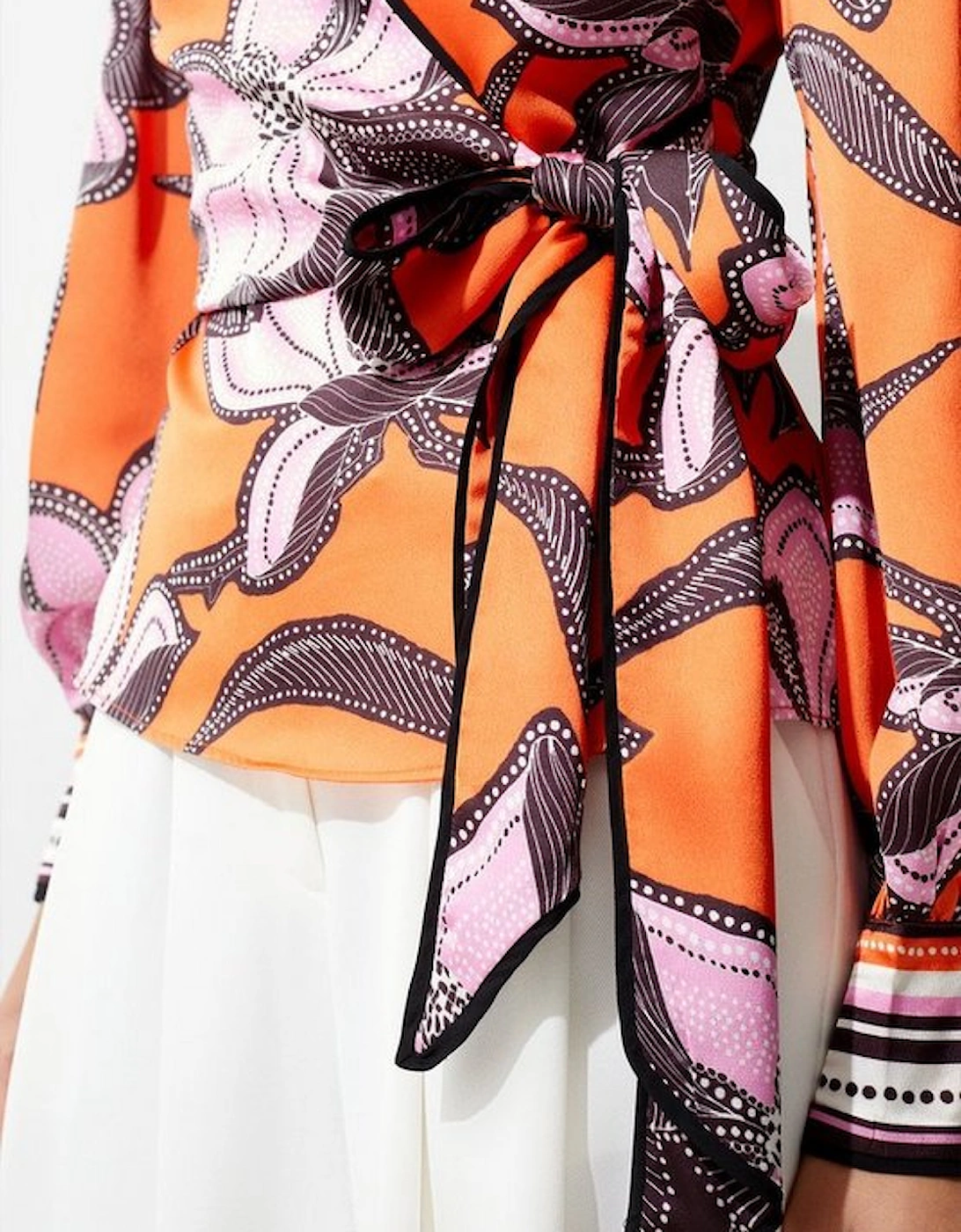 Tall Batik Floral Placed Hammered Satin Wrap Top