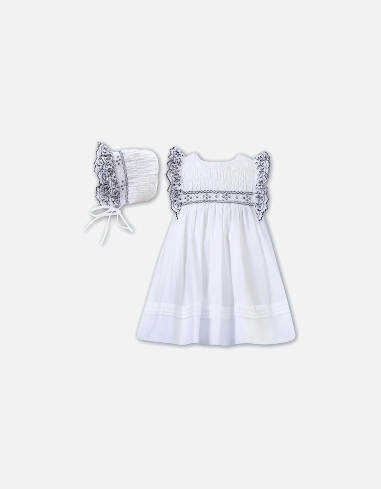 Girls White Smocked Dress & Bonnet