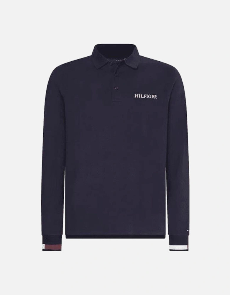 Emboidered Logo Lomg Sleeve Navy Knit Polo Shirt