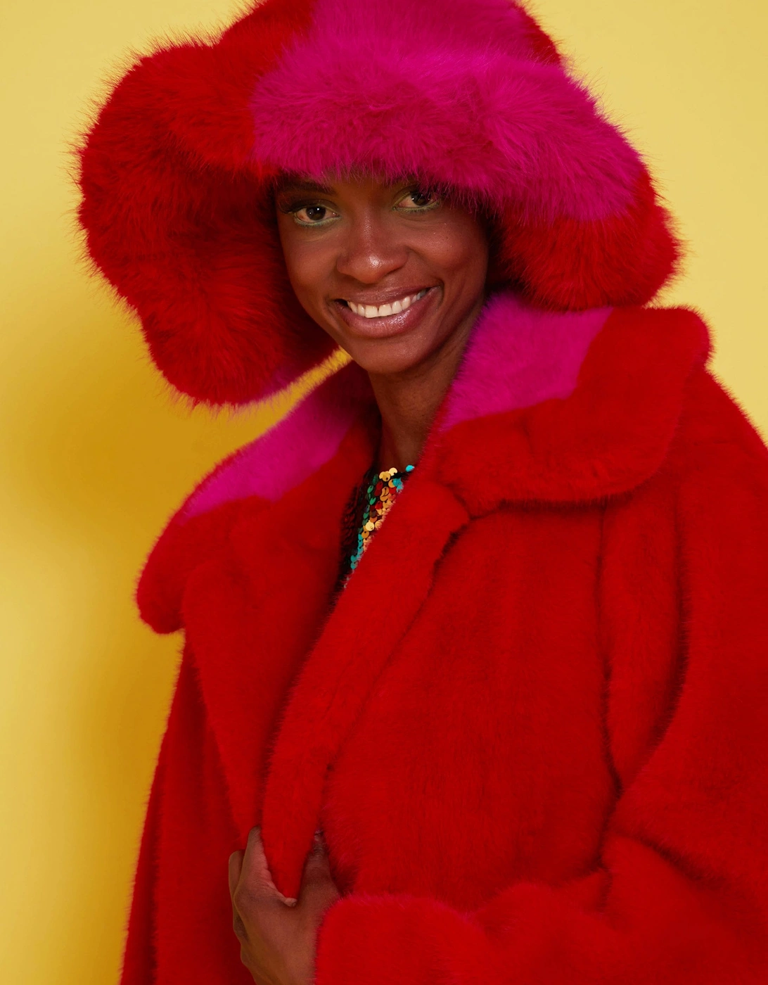 Bamboo Faux Fur Red Midi Coat with Pink Collar