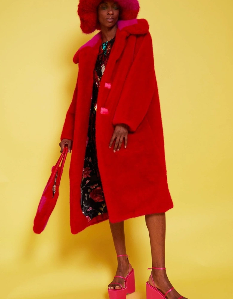 Bamboo Faux Fur Red Midi Coat with Pink Collar