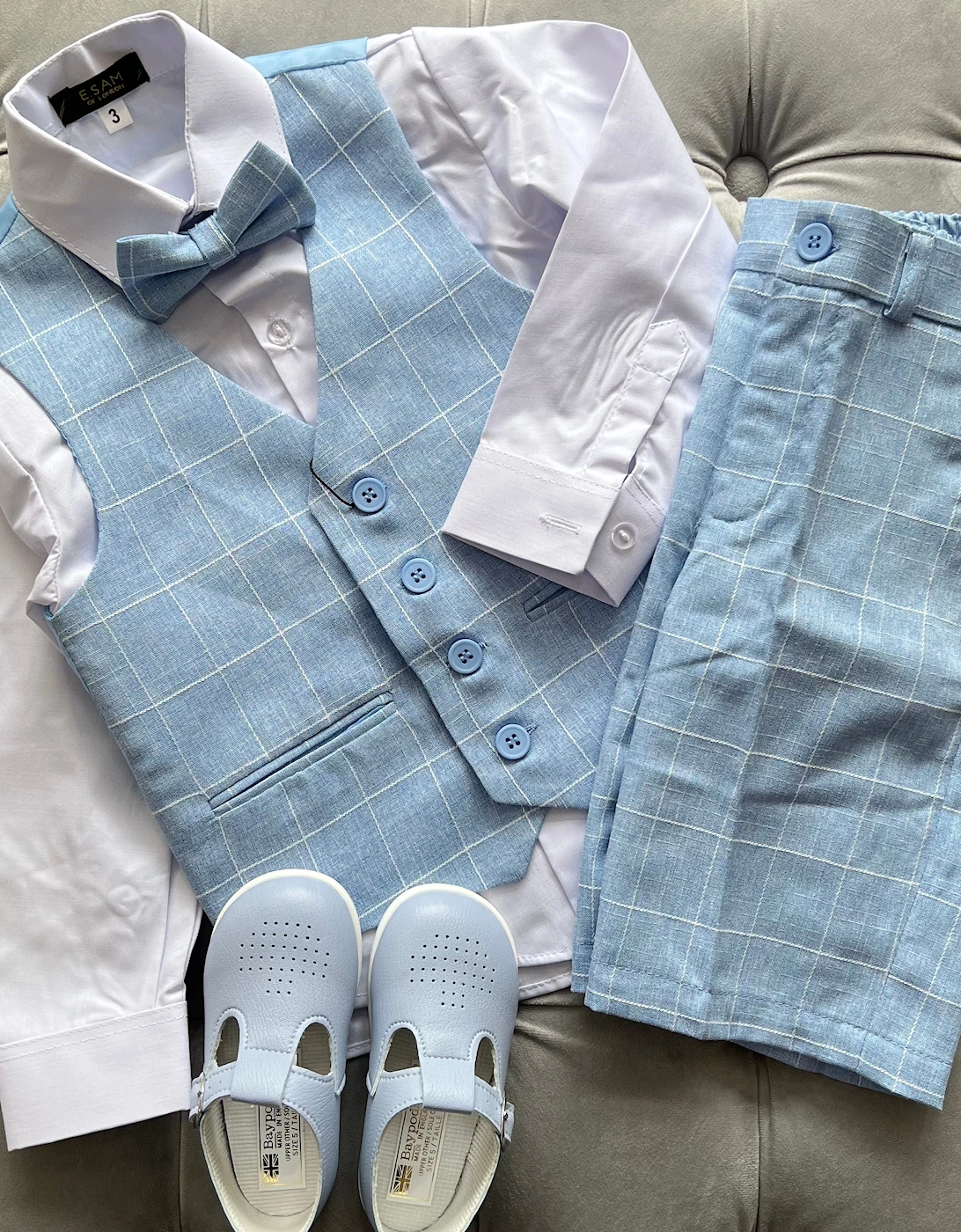 Boys Pale Blue Check 4 Piece Occasion Short Suit, 3 of 2