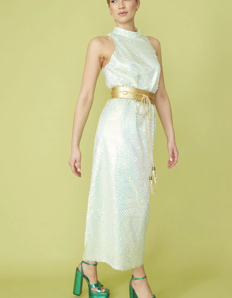 High Neck Mint Sequin Maxi Dress