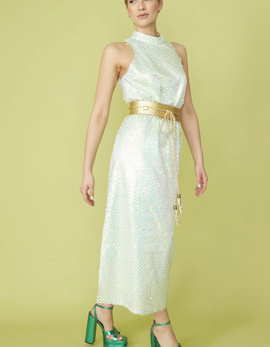 High Neck Mint Sequin Maxi Dress