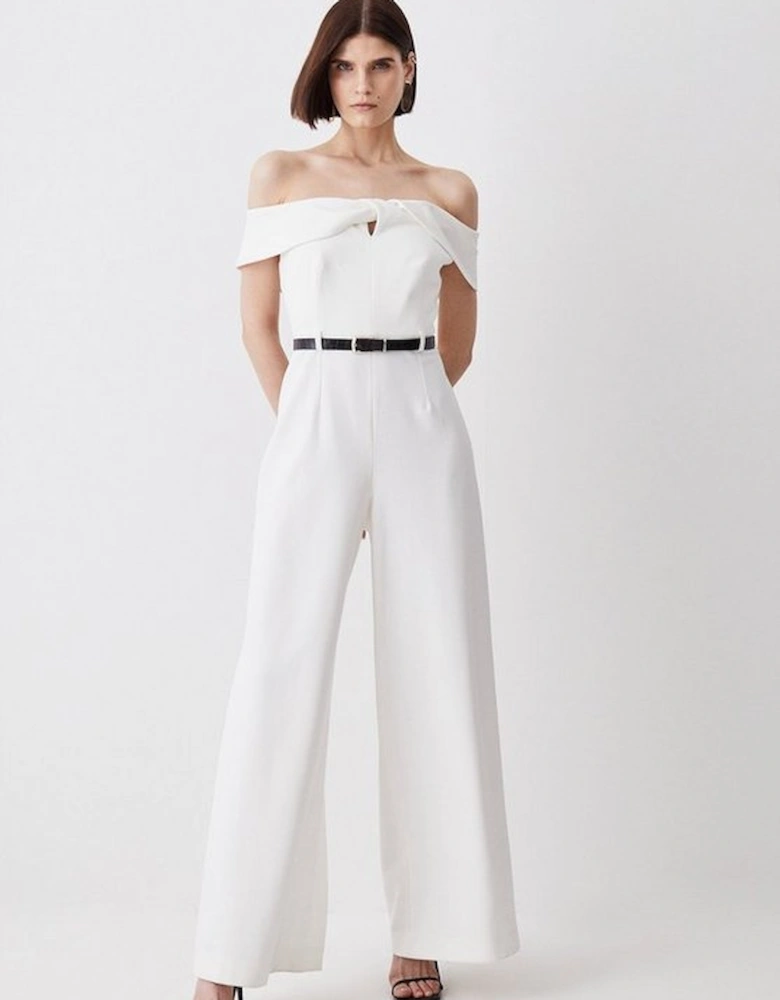 Tall Structured Crepe Bardot Belted Wide Leg Jumpsuit