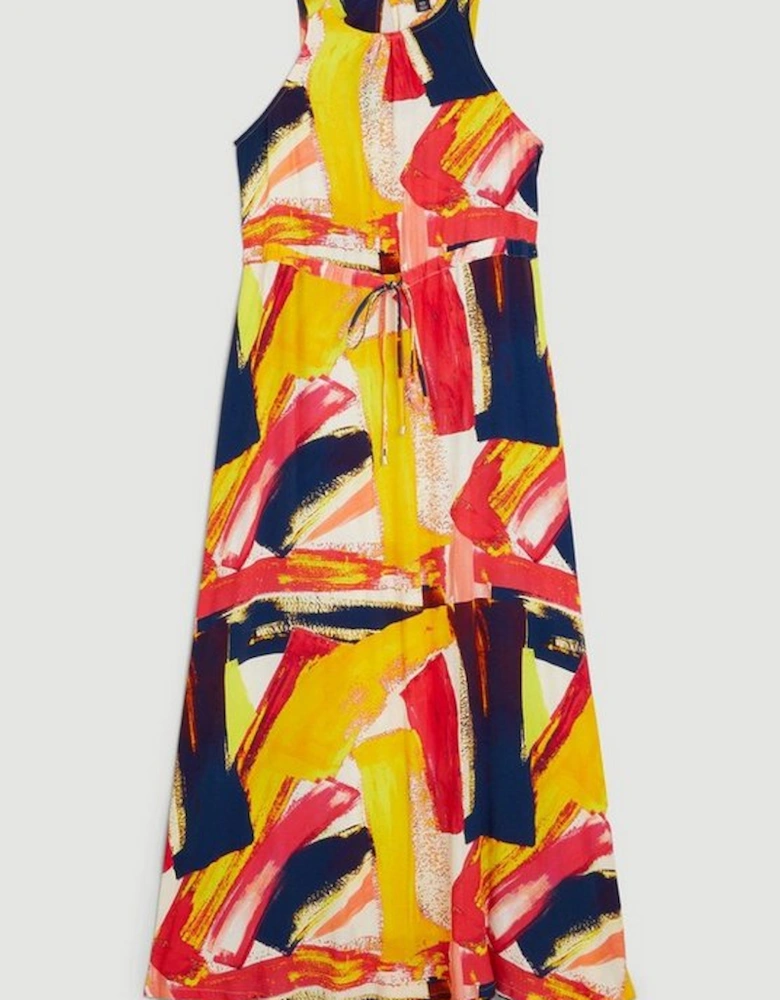 Paint Stroke Tie Waist Drama Woven Maxi Dress