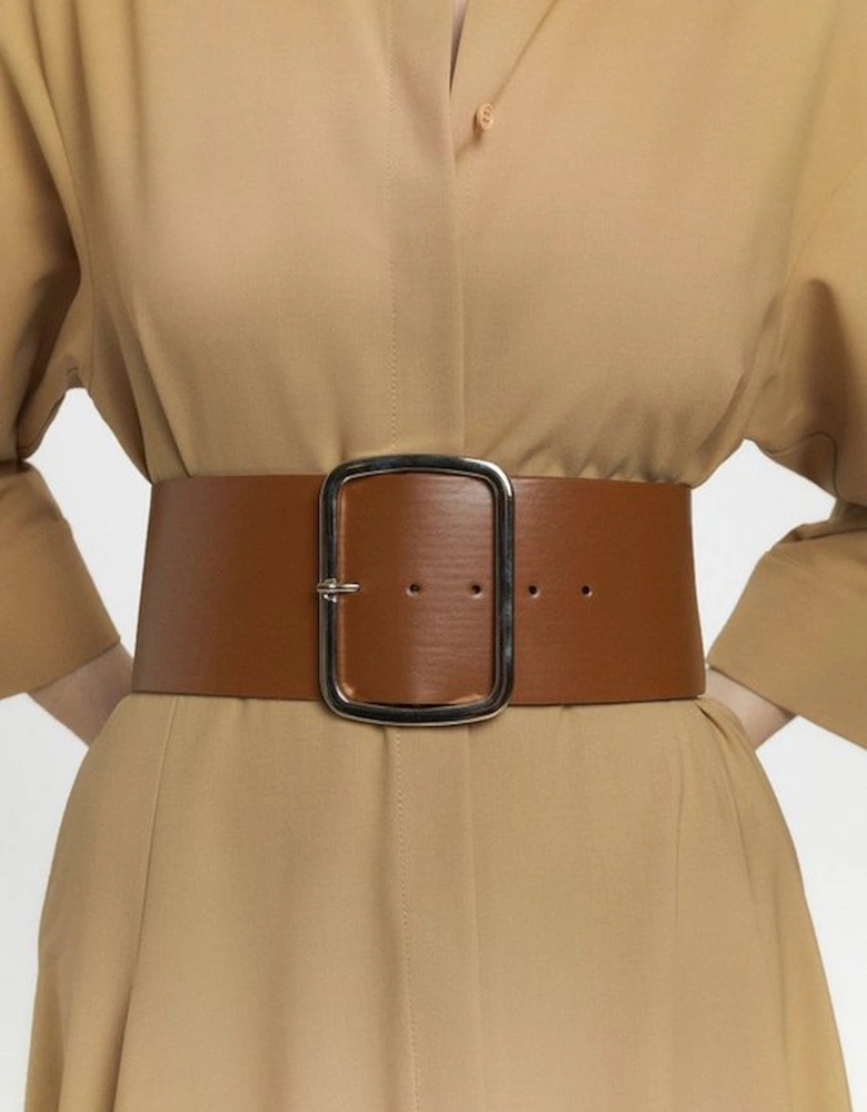 Wool Blend Godet Detail Belted Midi Shirt Dress