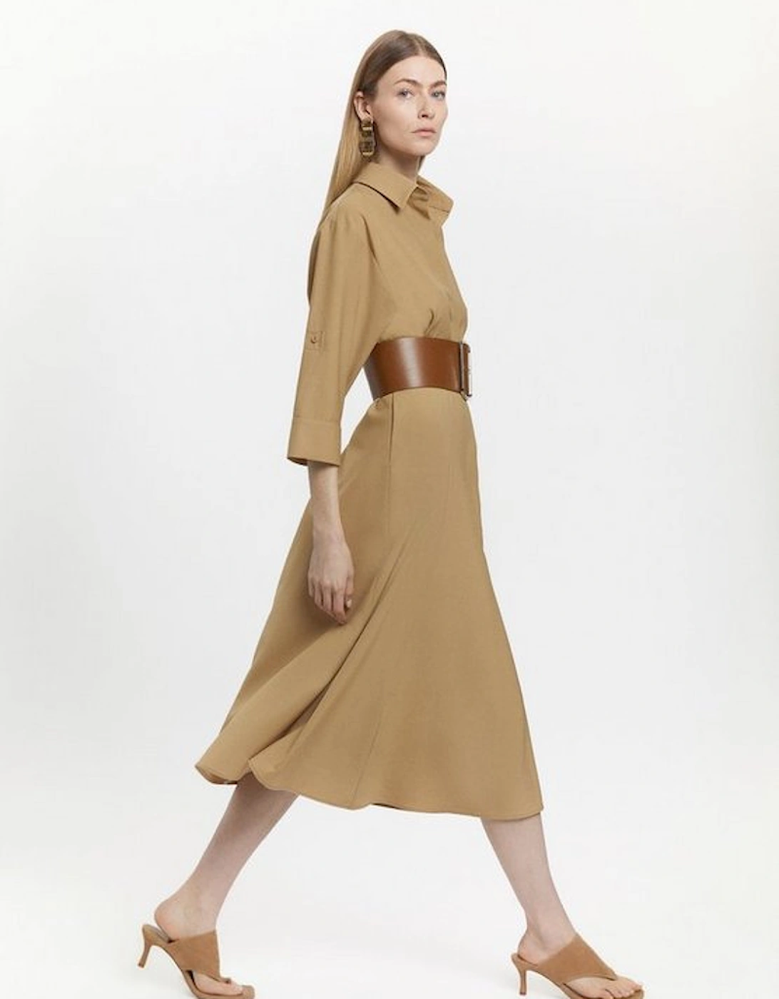 Wool Blend Godet Detail Belted Midi Shirt Dress