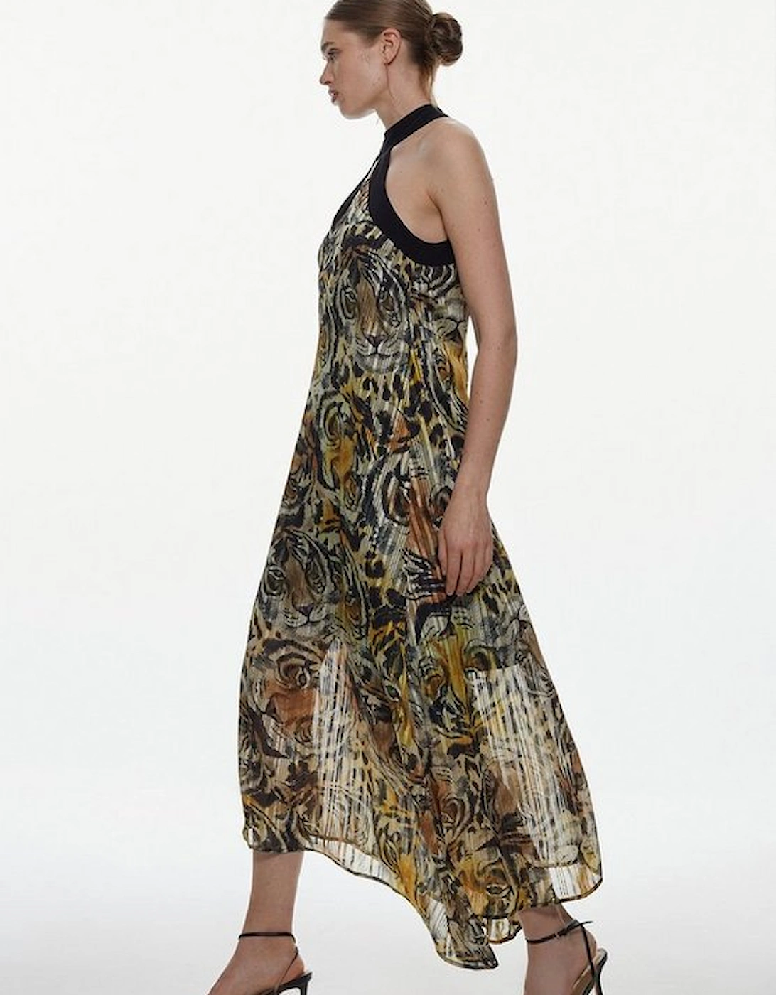 Tall Tiger Printed Halter Neck Woven Midi Dress