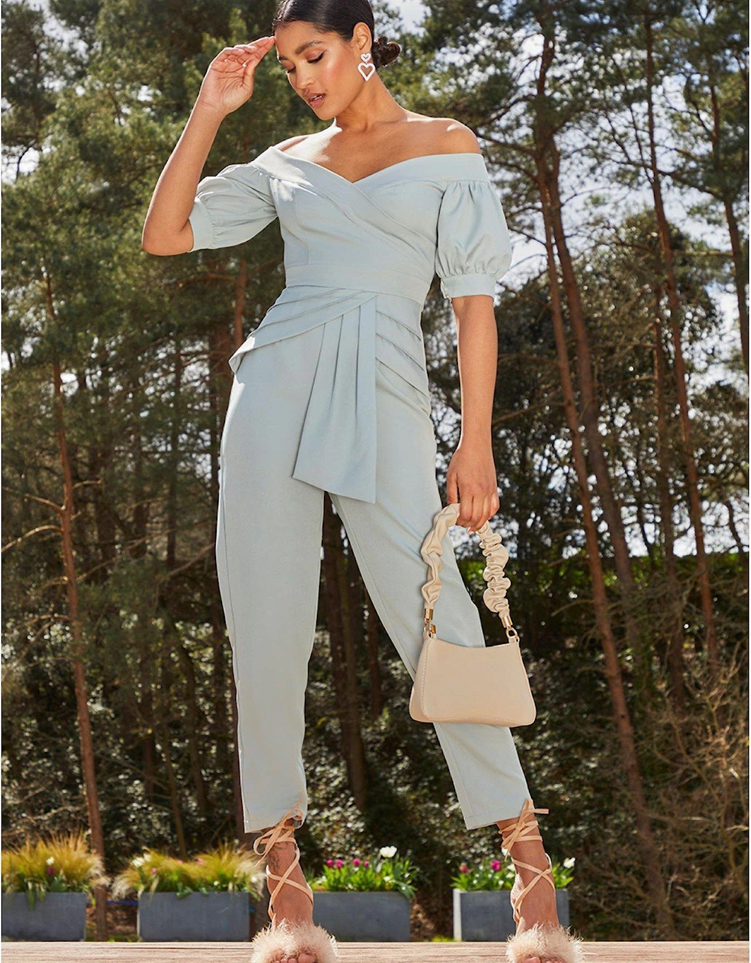 Puff Sleeve Bardot Jumpsuit In Green, 5 of 4