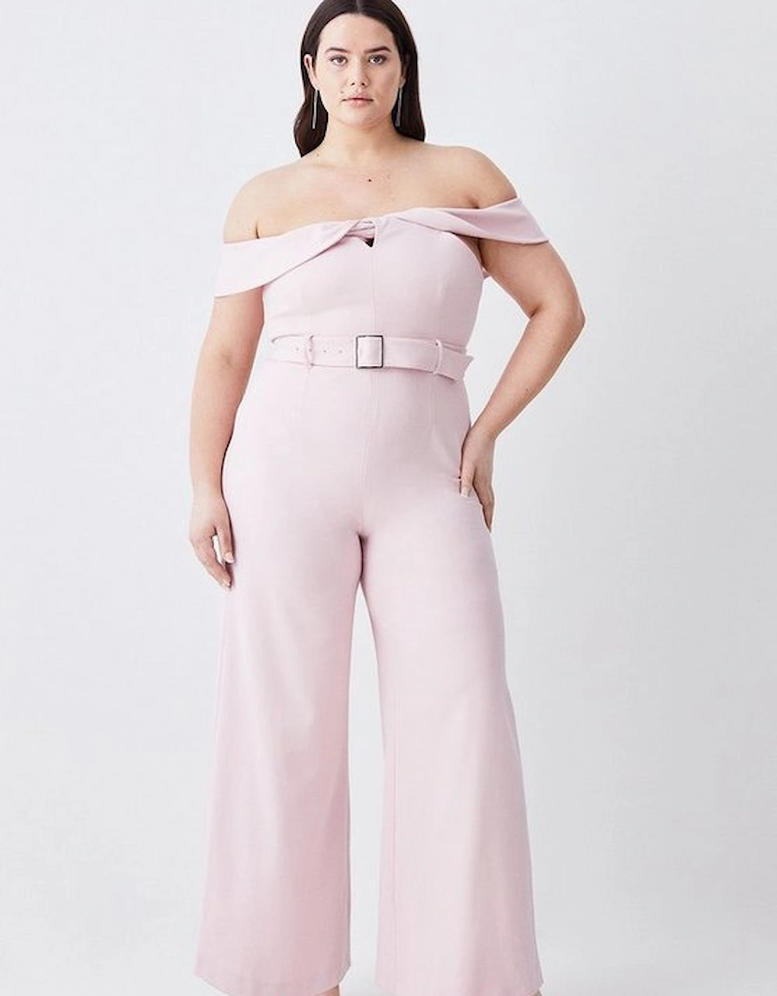 Plus Size Structured Crepe Bardot Belted Wide Leg Jumpsuit, 5 of 4
