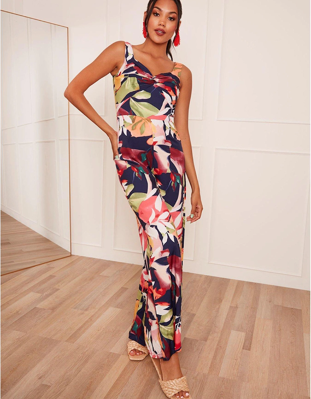 Front Knot Floral Print Jumpsuit In Black, 3 of 2