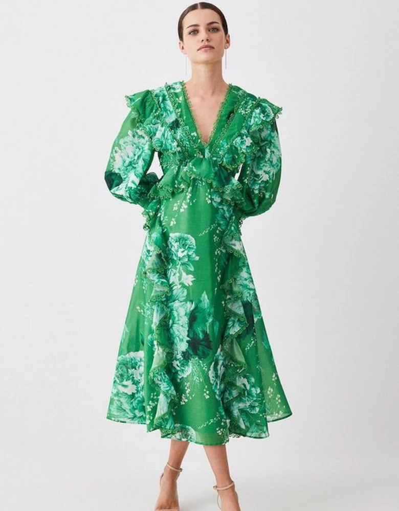 Petite Graphic Lace Trim Floral Woven Plunge Maxi Dress