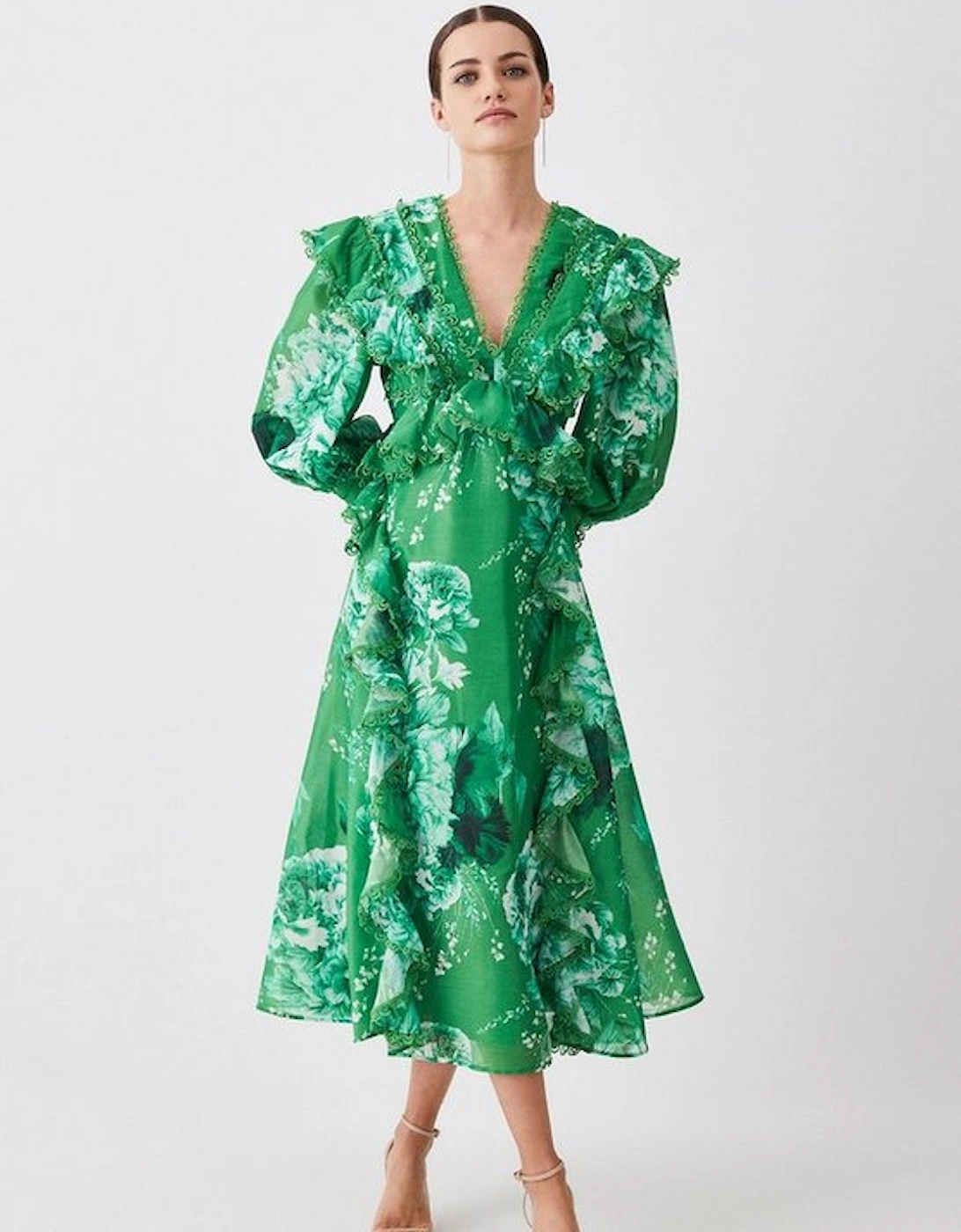 Petite Graphic Lace Trim Floral Woven Plunge Maxi Dress, 5 of 4