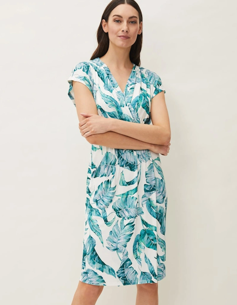 Palms Print Fitted Short Sleeved Jersey Dress