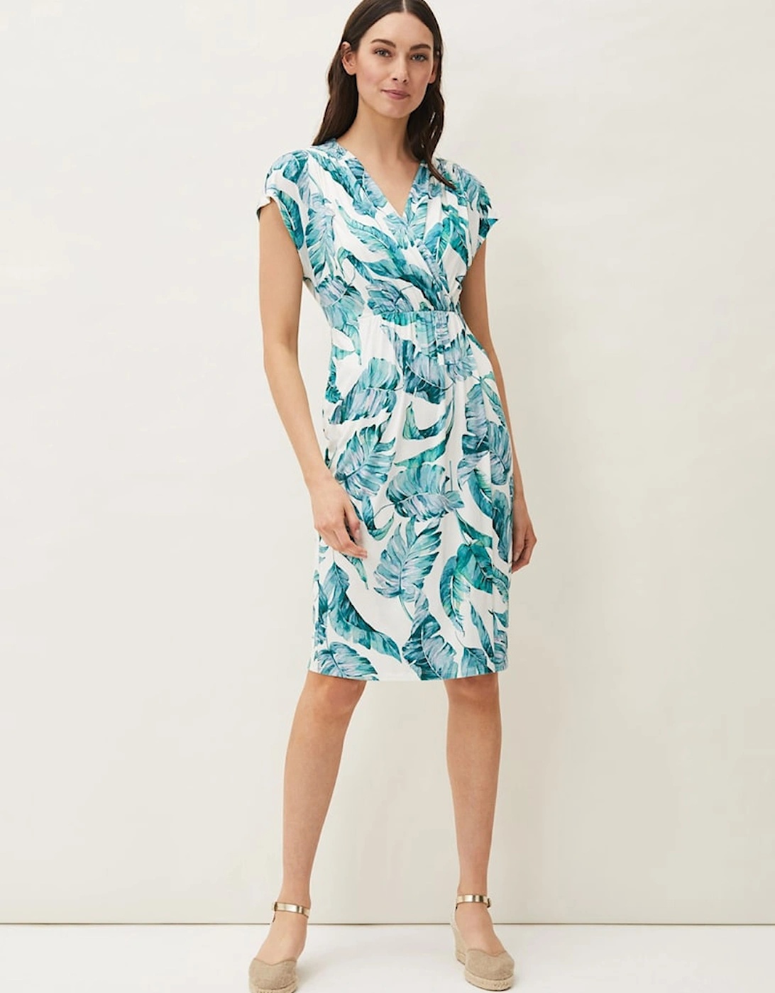 Palms Print Fitted Short Sleeved Jersey Dress