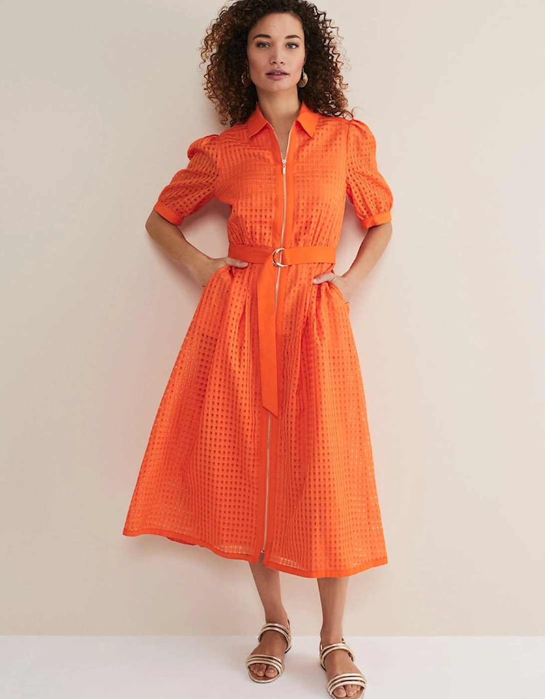 Carey Orange Checked Textured Midi Dress, 7 of 6
