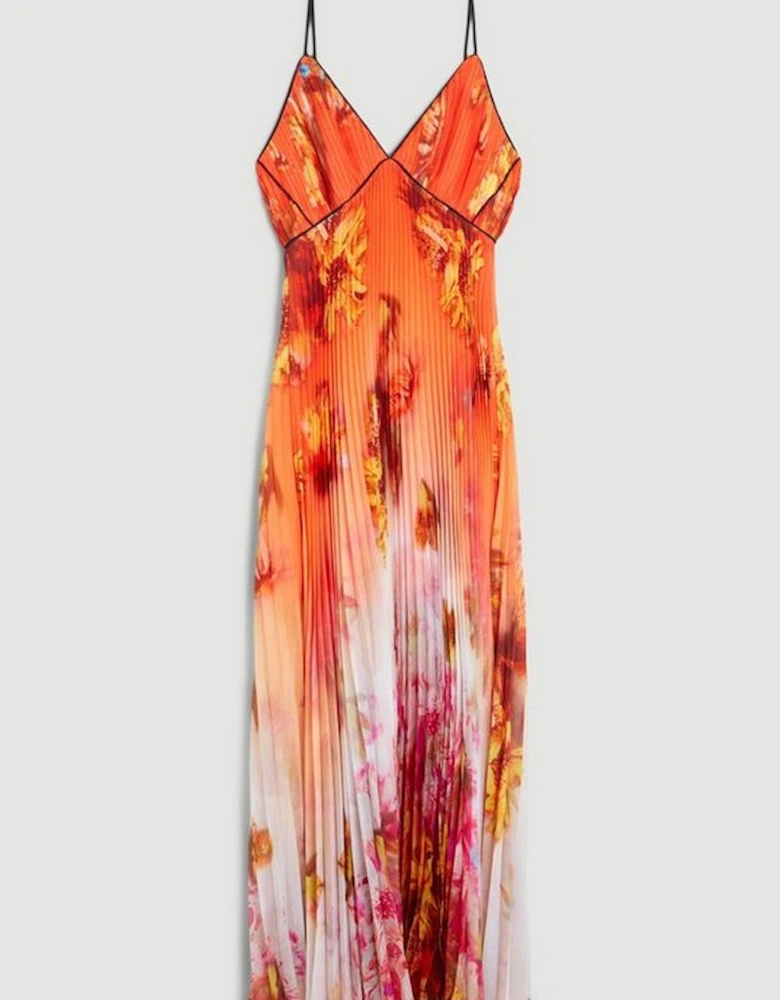 Golden Floral Strappy Pleated Maxi Dress