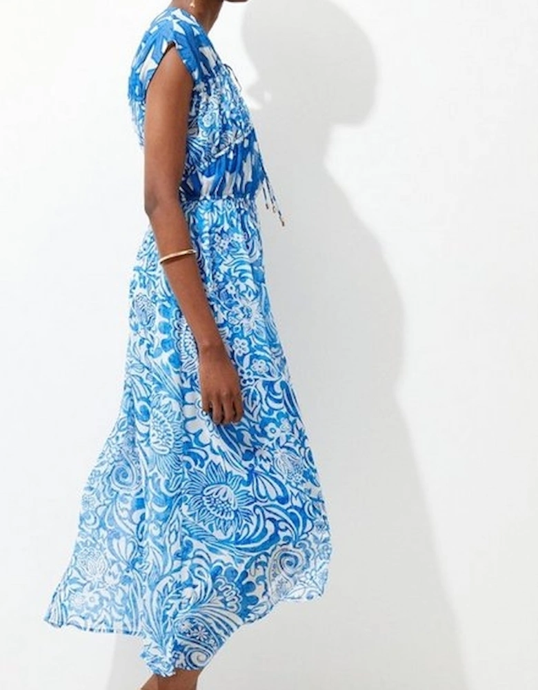 Floral Paisley Crinkle Shirred Woven Maxi Dress