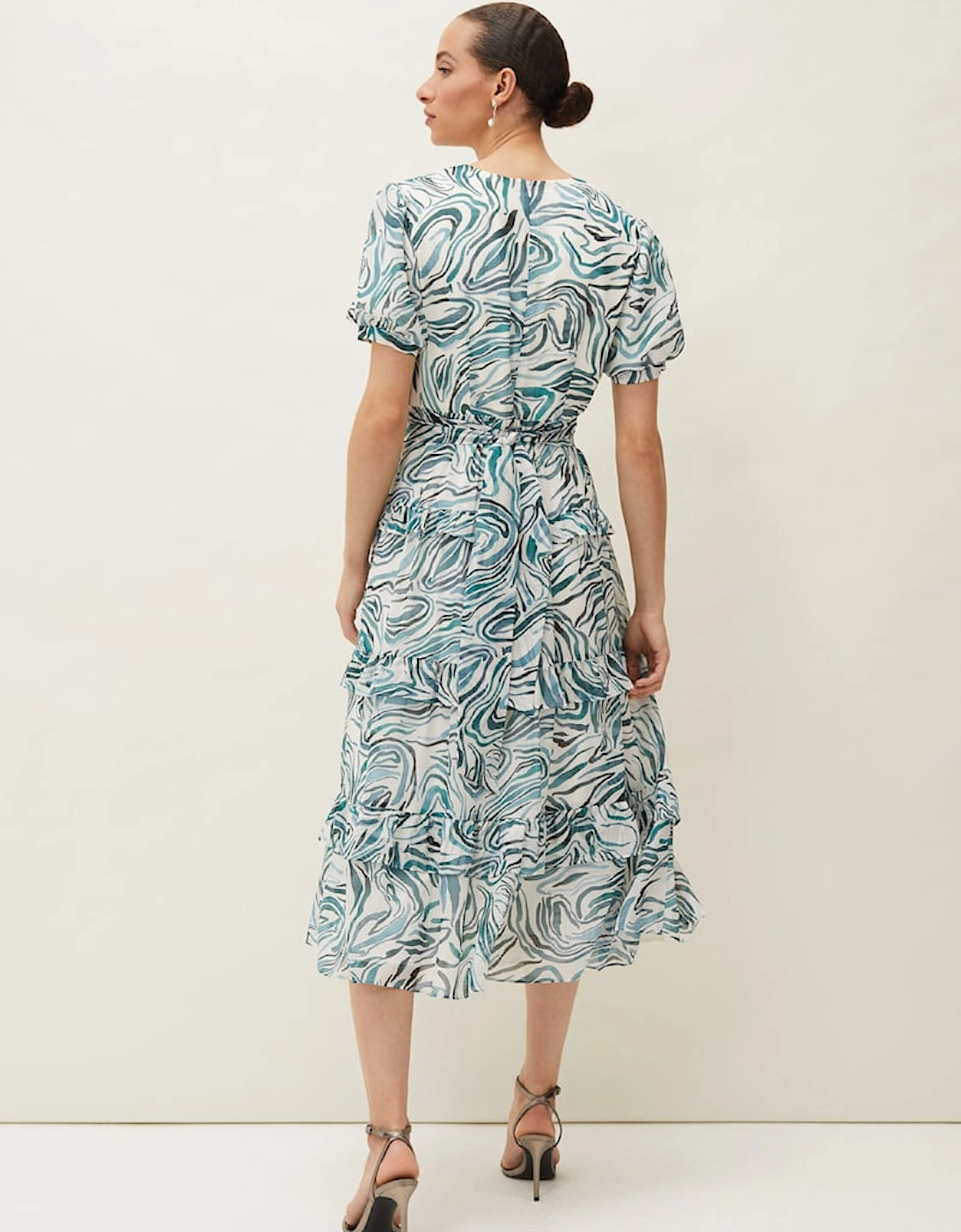 Iona Swirls Print Tiered Short Sleeved Midi Dress