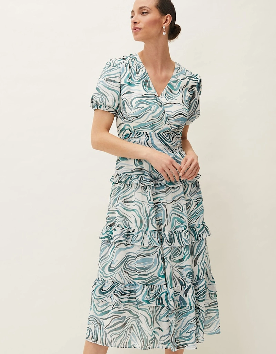 Iona Swirls Print Tiered Short Sleeved Midi Dress, 7 of 6